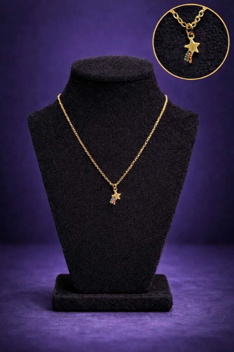 Minimal Yıldız Figürlü Renkli Taşlı Gold Kolye